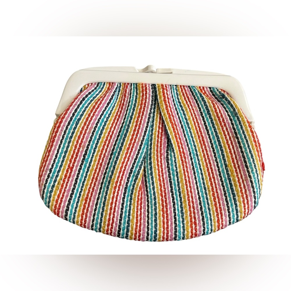 Vintage Italian Kisslock Rainbow Stripe Clutch – Y2K Aesthetic Woven Bag